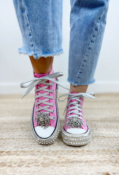 Ash High Top Pink Sneakers, pink high tops with rhinestone attachment at the top and silver studs on the base of the shoe