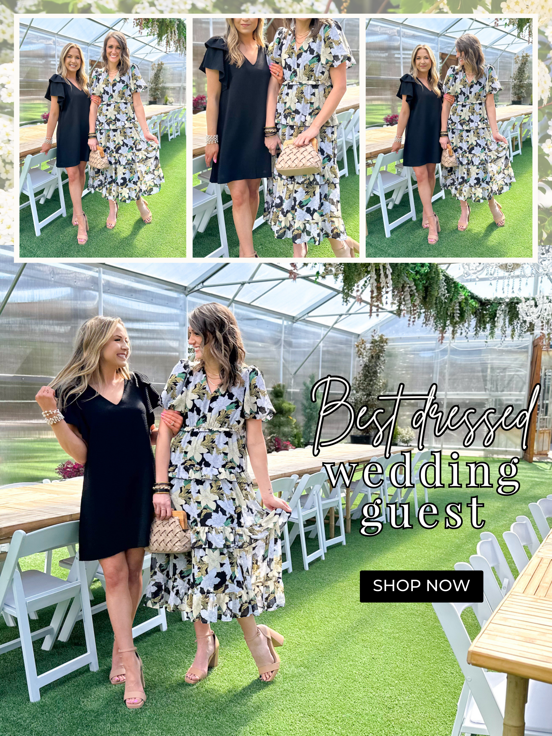 Best dressed wedding guest! Shop now. Models wearing a mini caged black dress with ruffle sleeve detail and pearls over the shoulders. Model wearing a floral printed tiered midi dress with a v-neck and flutter sleeves.