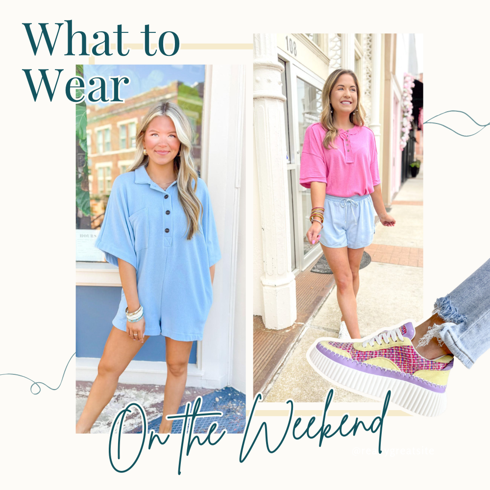 What to wear on the weekend: Model is wearing a light blue terry cloth romper with a collar and button front detail. Model is wearing an oversized pink tee tucked in to light blue chambray shorts. Go To Platform Sneakers by Matisse in white, lilac, blue, pink and muted yellow.
