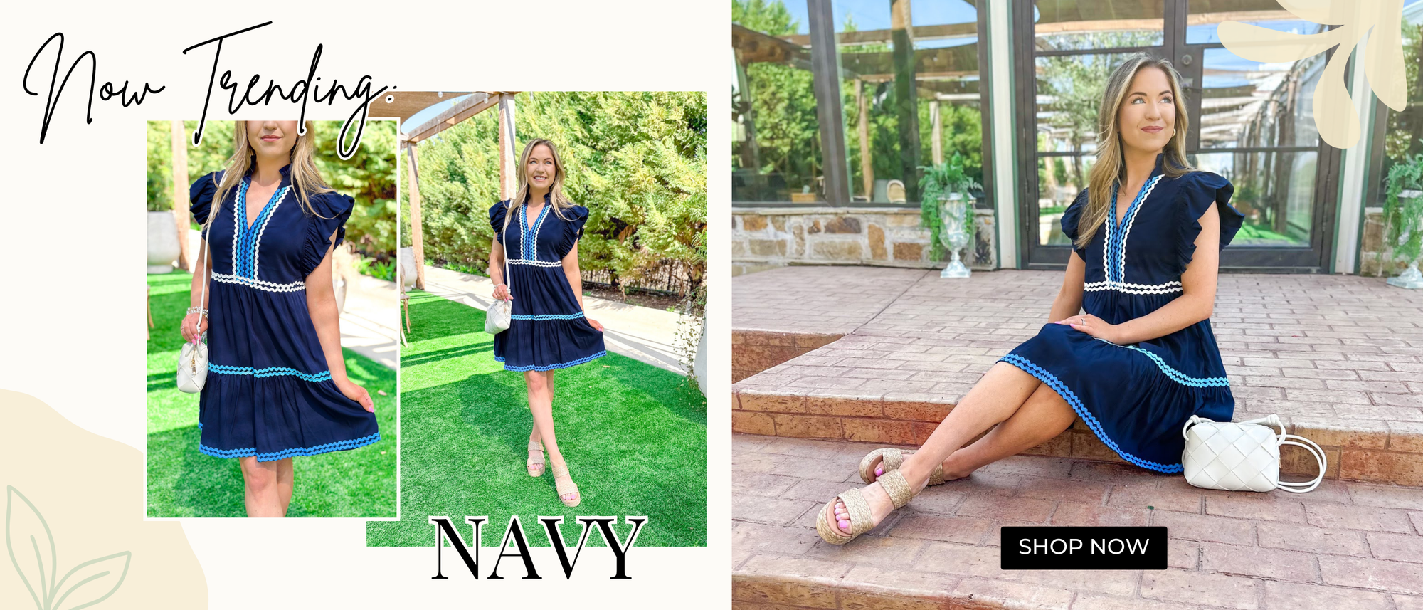 Now trending: navy. Shop now. Model is wearing a navy mini dress with ruffle detail over the shoulder and rick and rack in different shades of blue and white. Styled with a white woven faux leather handbag and raffia platform shoes.