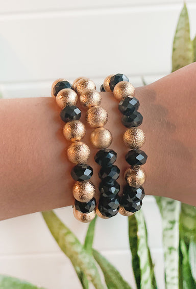 Layla Bracelet Set in Black, Three beaded bracelets featuring black and gold textured beads