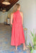 Lisbeth Coral Tiered Maxi Dress, coral colored maxi dress, tiered body, ruffle neckline with self tie detailing in the back