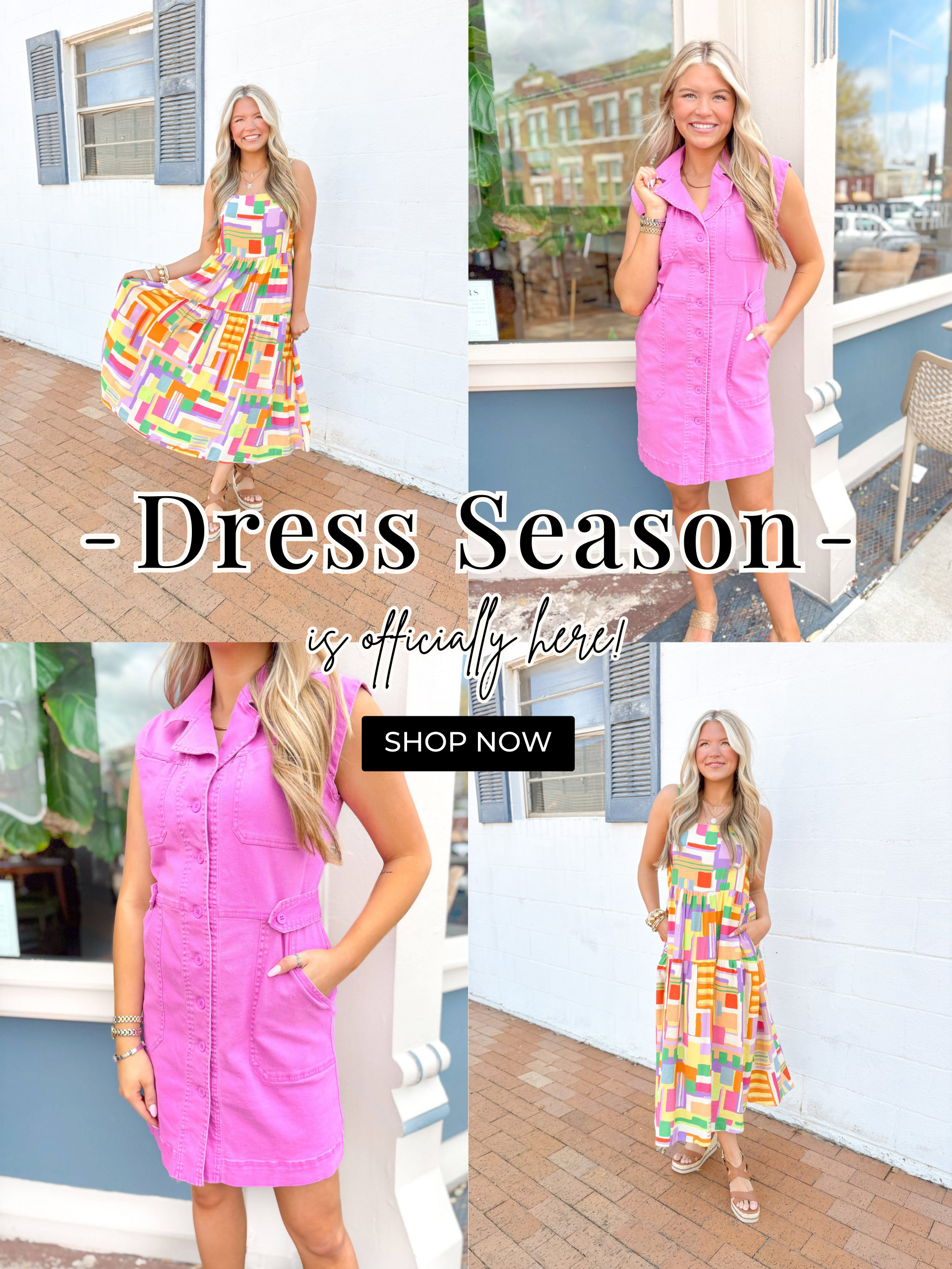 Dress Season is officially here! Model wearing midi print geometric colorful printed dress. Model wearing an orchid pink denim mini dress with no sleeves, button front and a collar neckline.