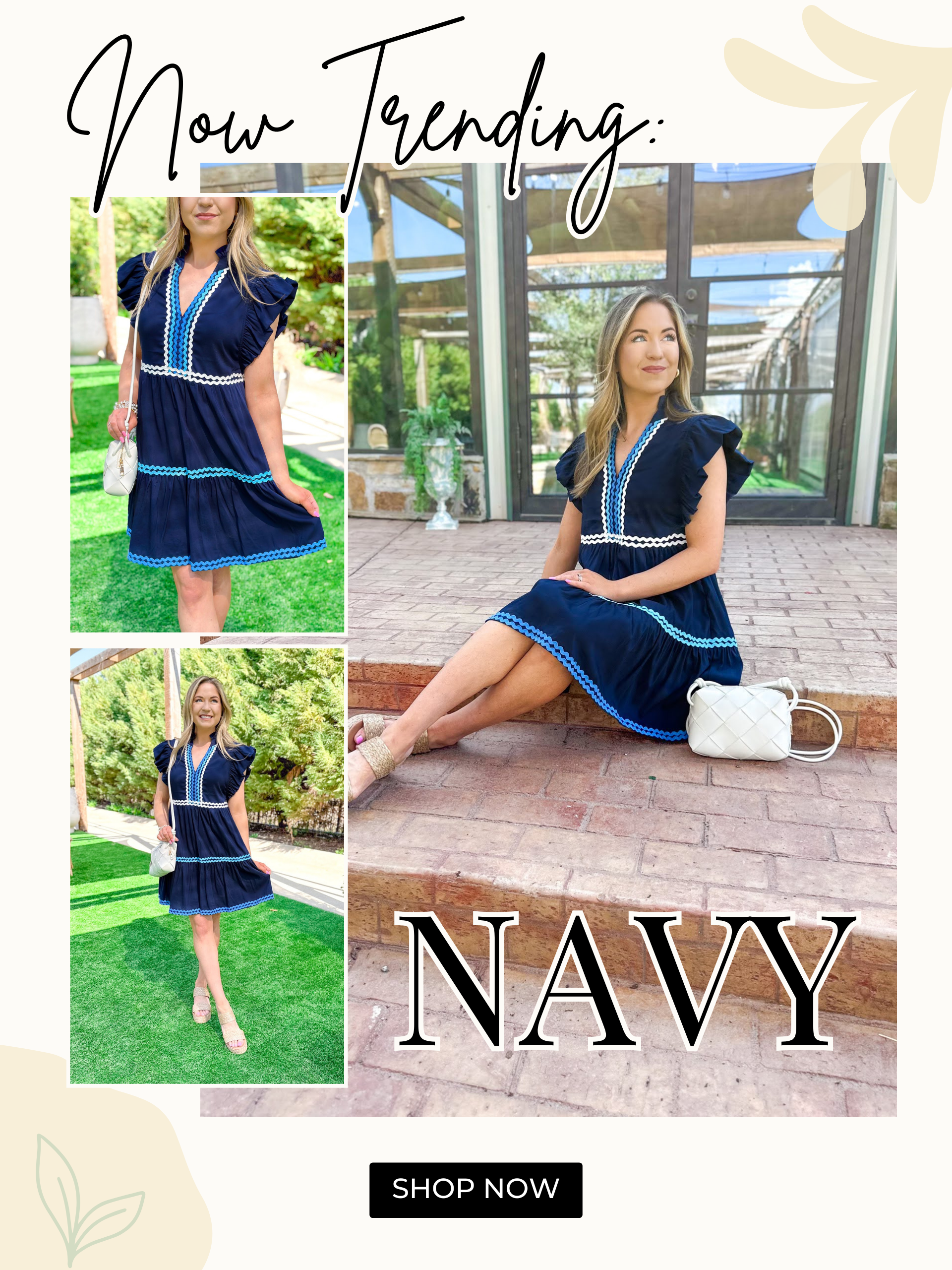 Now trending: navy. Shop now. Model is wearing a navy mini dress with ruffle detail over the shoulder and rick and rack in different shades of blue and white. Styled with a white woven faux leather handbag and raffia platform shoes.