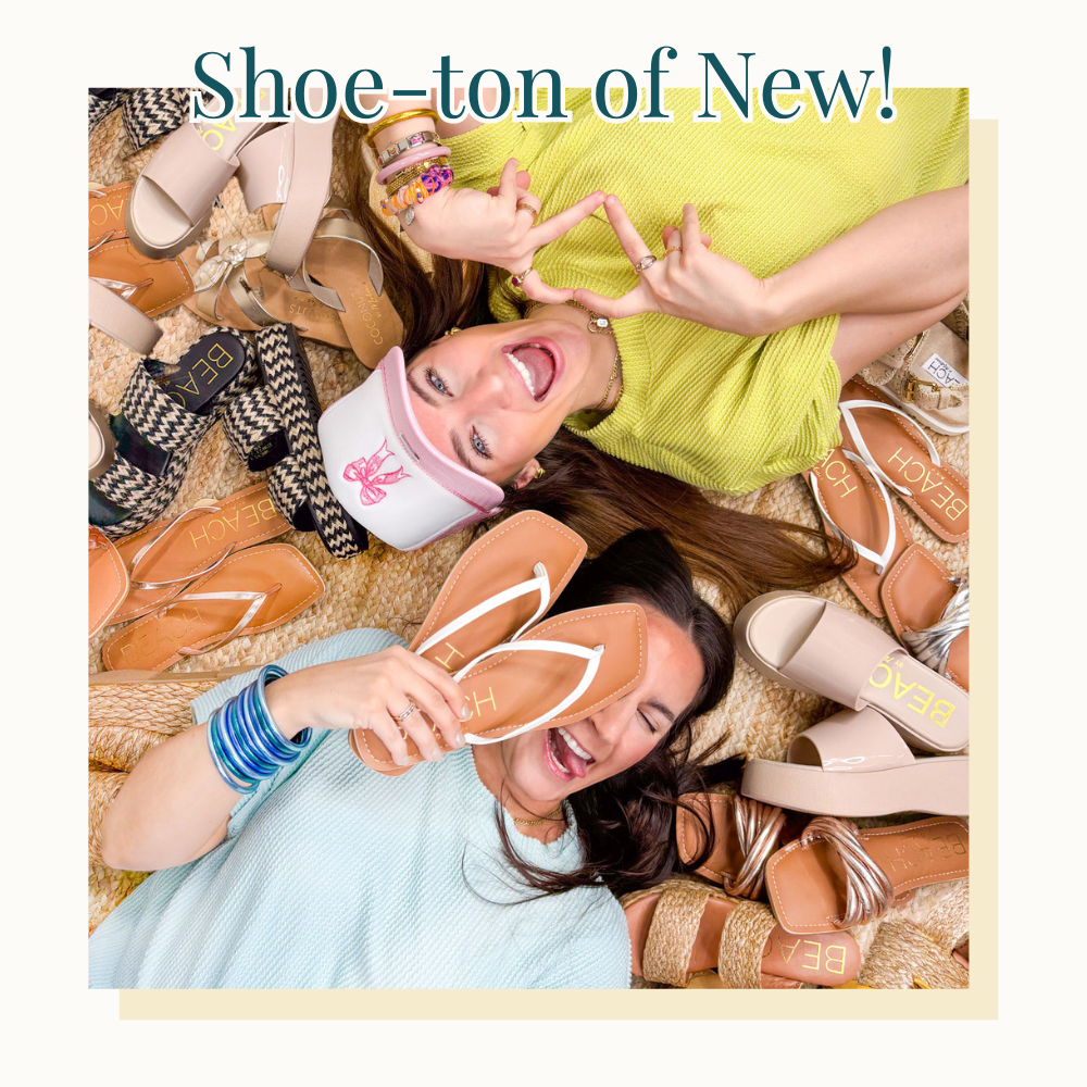 Shoe-ton of New! New shoes just dropped perfect for spring and summer. Two Groovy's Girls laying on the ground with shoes surrounding them.