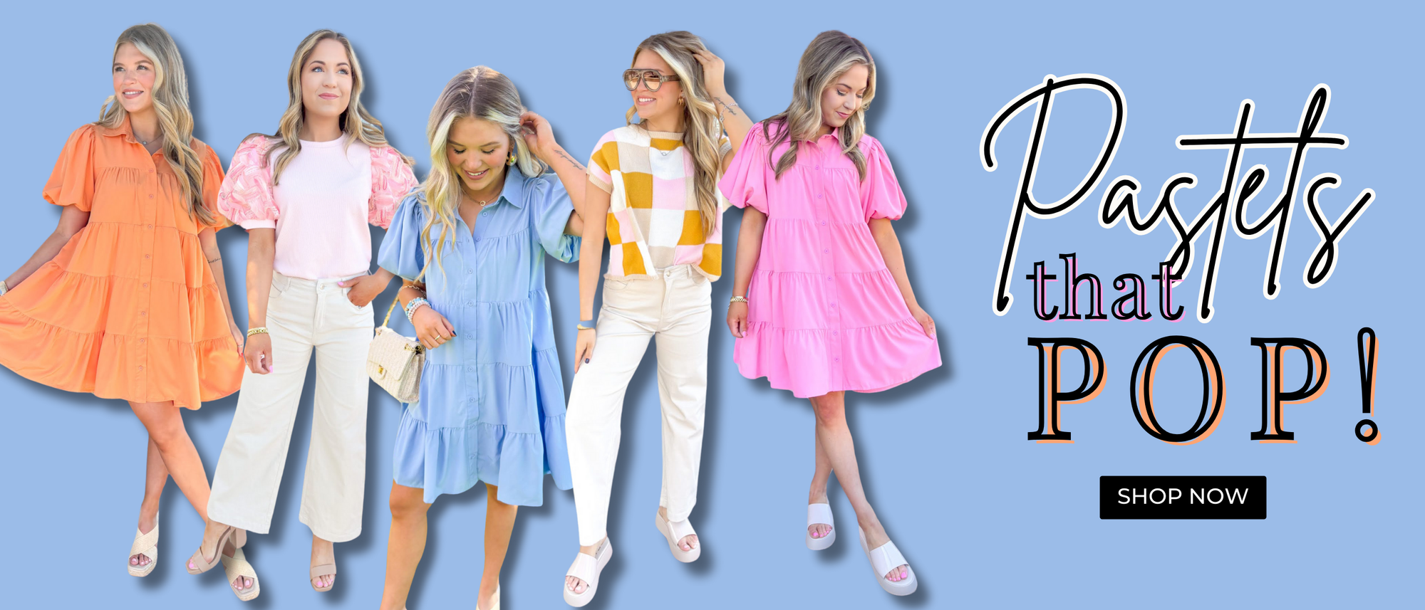 Pastels that pop! Featuring models in multiple styles including a mini dress with tiers and short-puff sleeves in shades of pink, orange and light blue. Models wearing wide leg off white jeans styled with a checked sleeveless sweater top and a top with puffy sleeves with pink sheer detail.