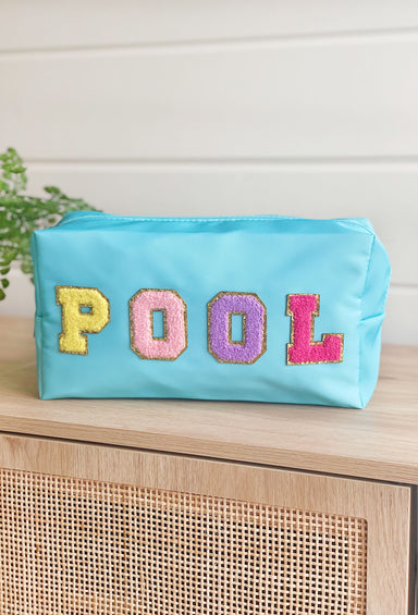 Pool Cosmetic Bag, Turquoise nylon cosmetic bag with "pool" printed in a colorful textured font