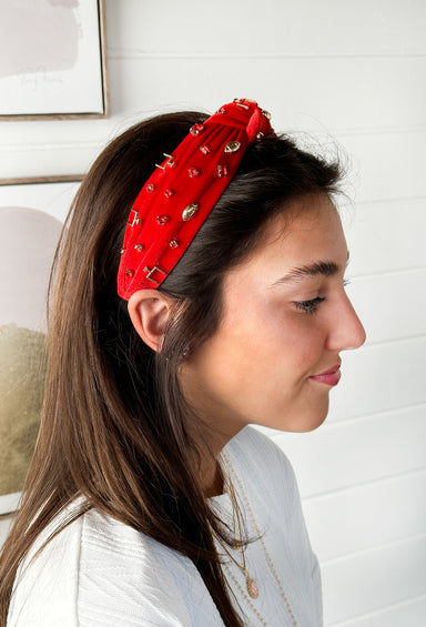 Gameday Headband in Red, Red headband with football and goalpost gems and red rhinestones