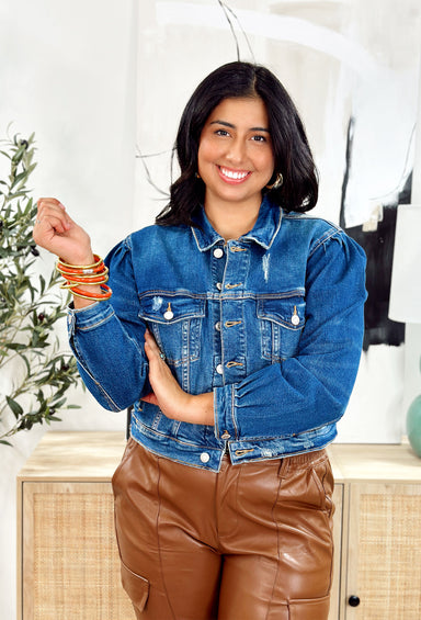 Kenzie Denim Jacket by Vervet, cropped denim jacket with light distressing, pleats around the shoulders and wrists