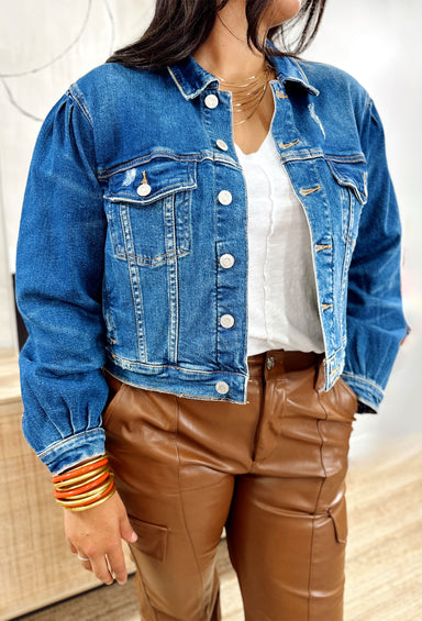 Kenzie Denim Jacket by Vervet, cropped denim jacket with light distressing, pleats around the shoulders and wrists