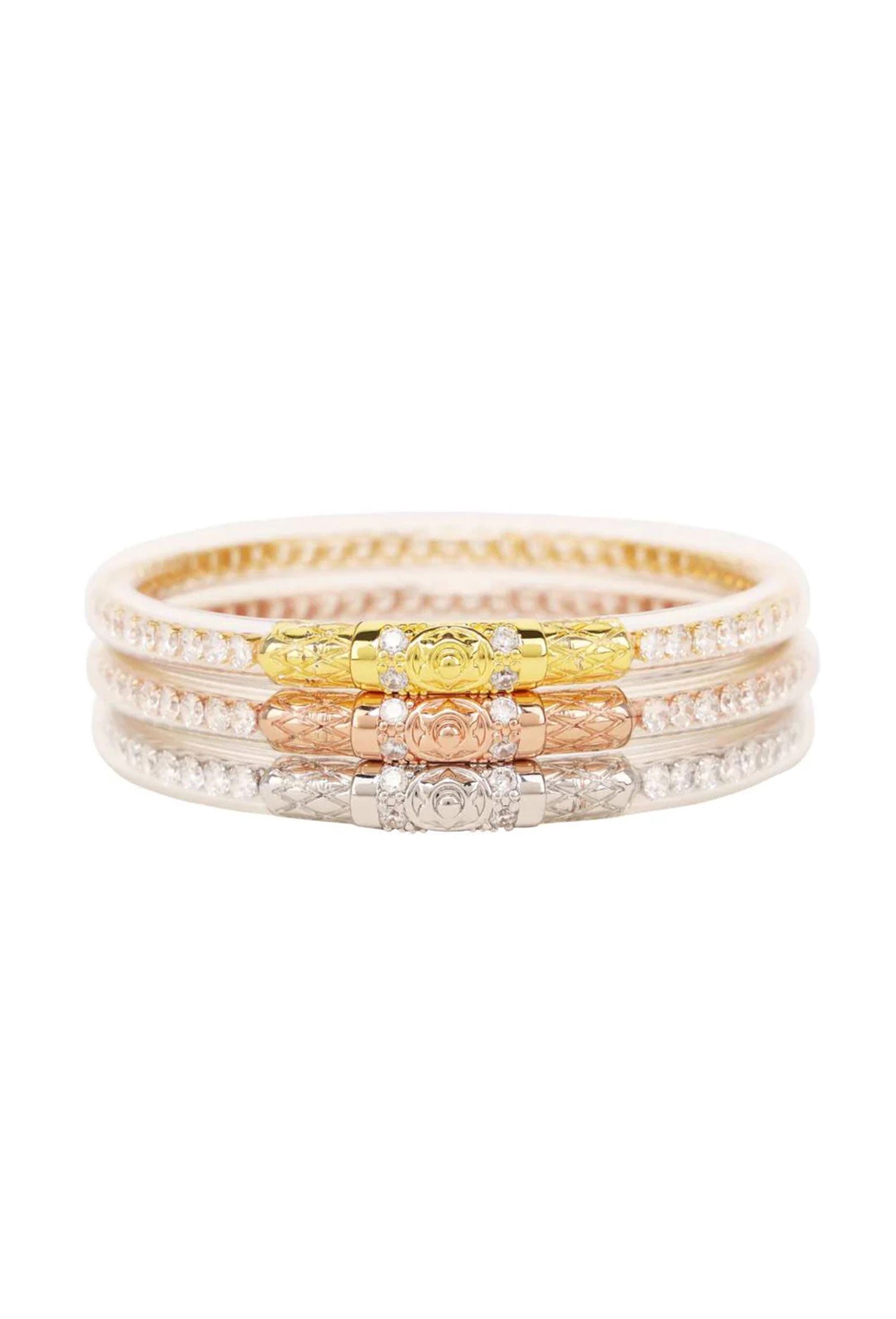 BUDHAGIRL Three Queens Bangles in Clear Crystal, set of three bangles, one gold, one silver snd one rose gold
