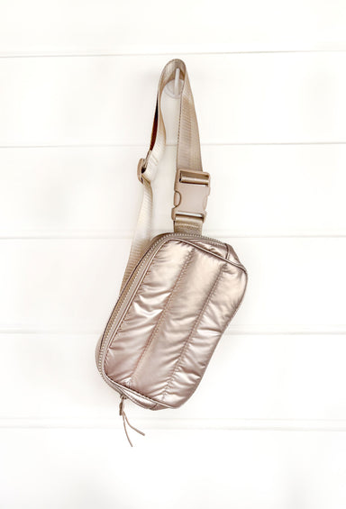 Tori Quilted Belt Bag in Copper, soft copper puffer belt bag, buckle closure