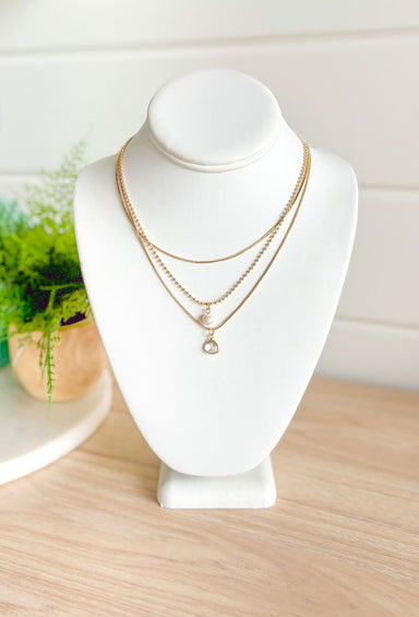 After Hours Party Necklace, 3 layer gold thin chain necklace with pearl charm and clear crystal charm