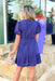 Back To You Dress in Navy, navy eyelet short puff sleeve dress with cinching at the waist and small v-neck