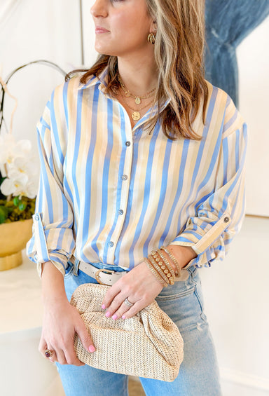 Best Efforts Button Up Top, bone, beige, and light blue stripped long sleeve button up