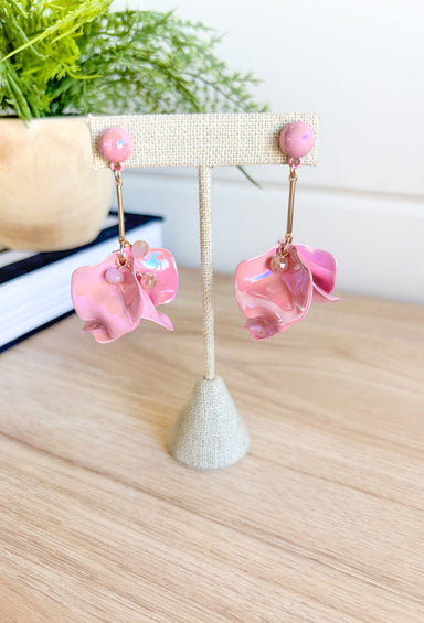 Capable Of More Earrings, abstract chromatic pink drop earrings with bead attachment
