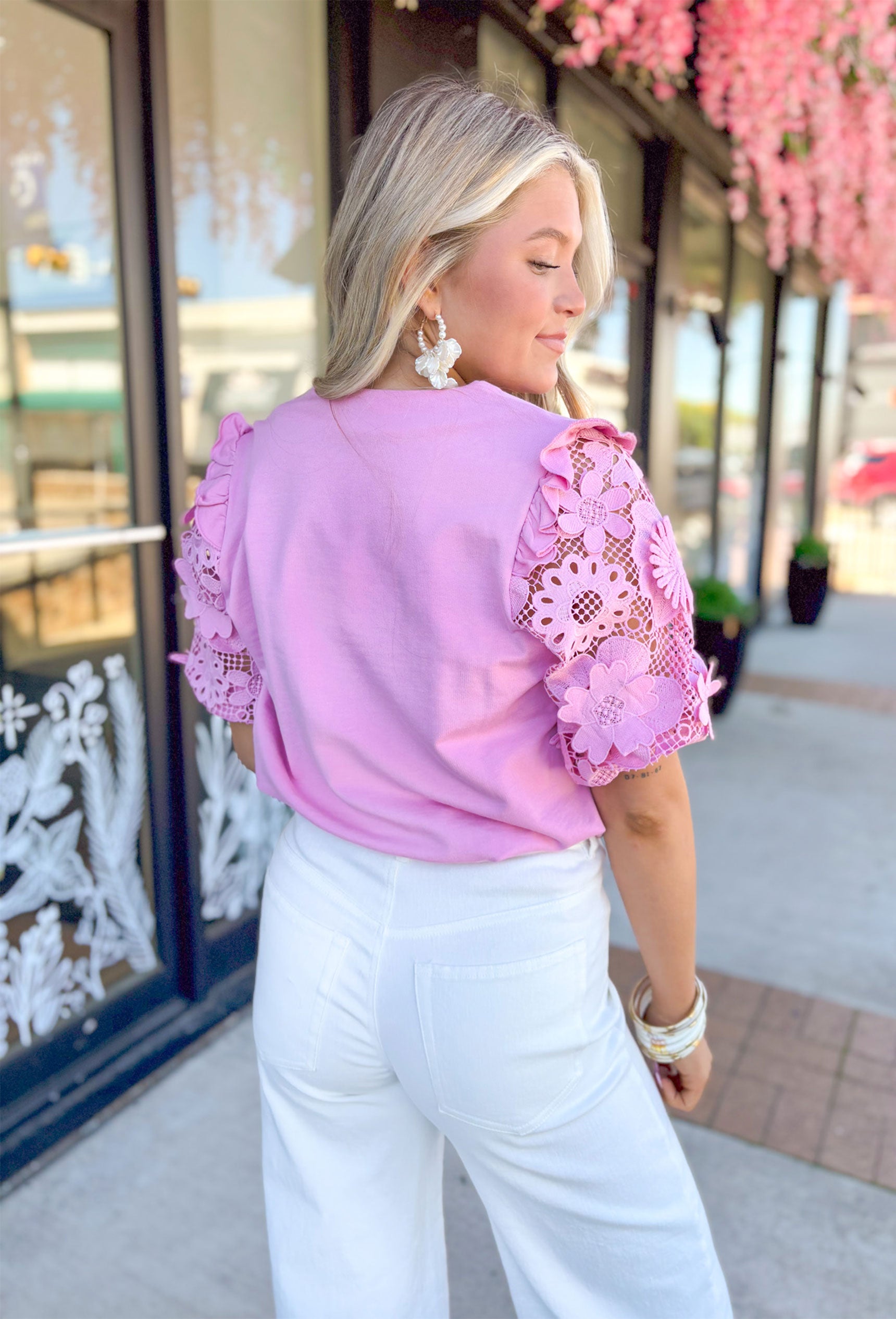 Chasing Love Top in Pink Mauve, light bubble gum pink top with rounded v-neck and floral lace sleeves