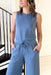 Down To Dallas Jumpsuit, blue sleeveless jumpsuit with pockets, wide legs, and drawstring waist