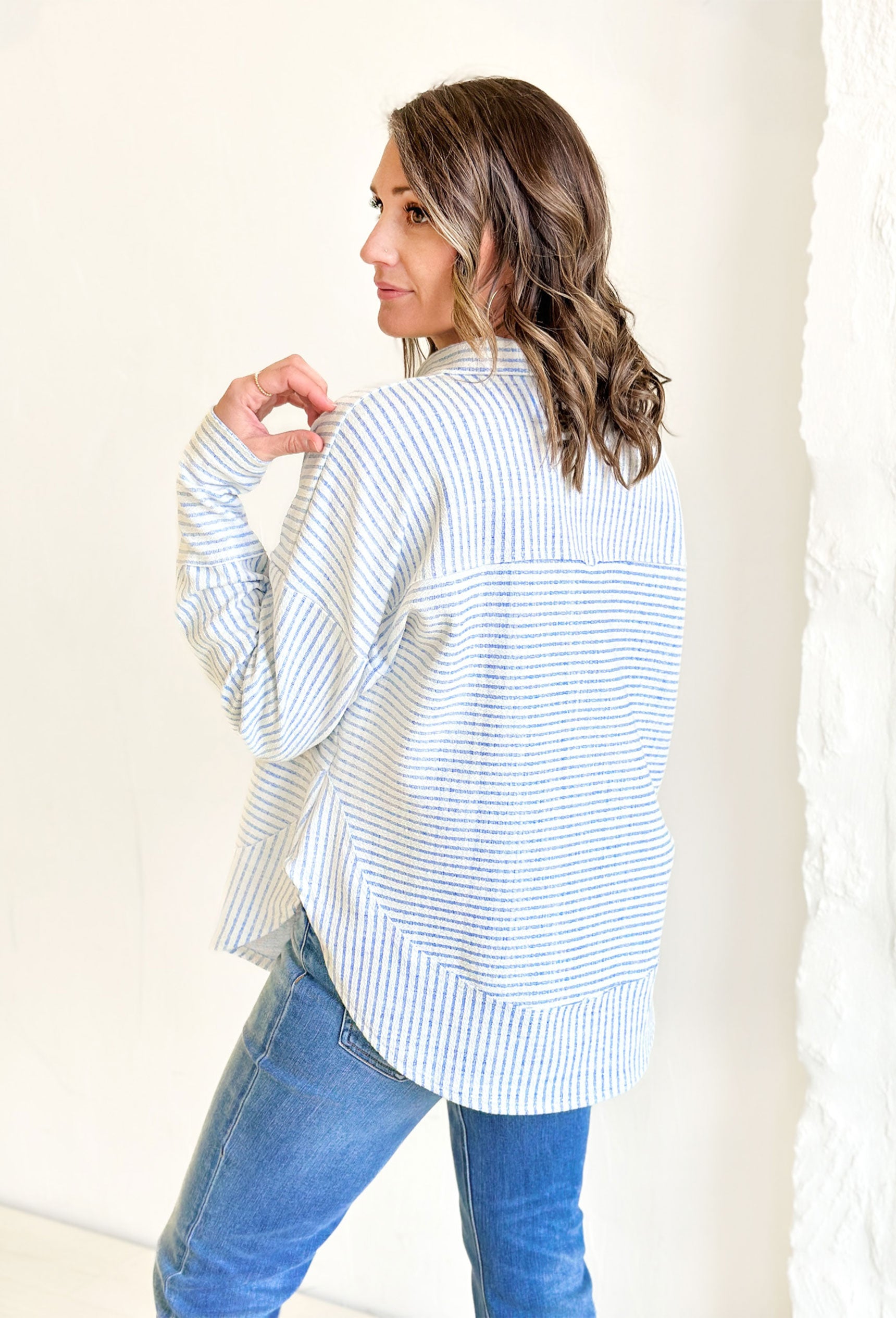 Just Be Honest Striped Top, white and light blue striped quarter button down 