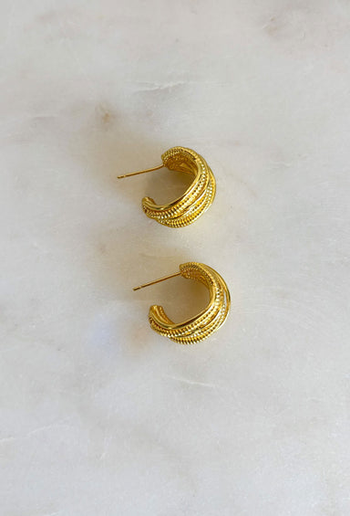 Kathleen Hoop Earrings in Gold, mini layered and textured yellow gold hoop 