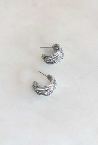 Kathleen Hoop Earrings in Silver, mini layered and textured silver hoop 