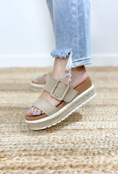 Kenzy Platform Sandals, platform sandal with two straps, one with a buckle, woven detail in the middle of the platform