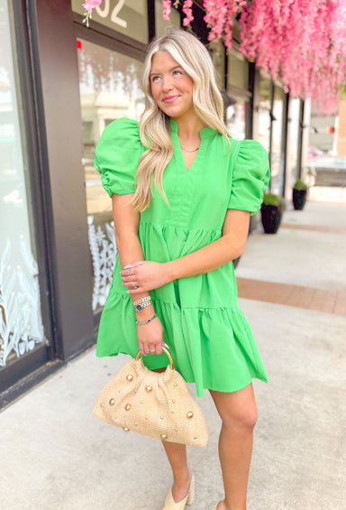Lacey Dress in Green, short puff sleeve dress with small v-neck and two layers of tiering in a bright spring green