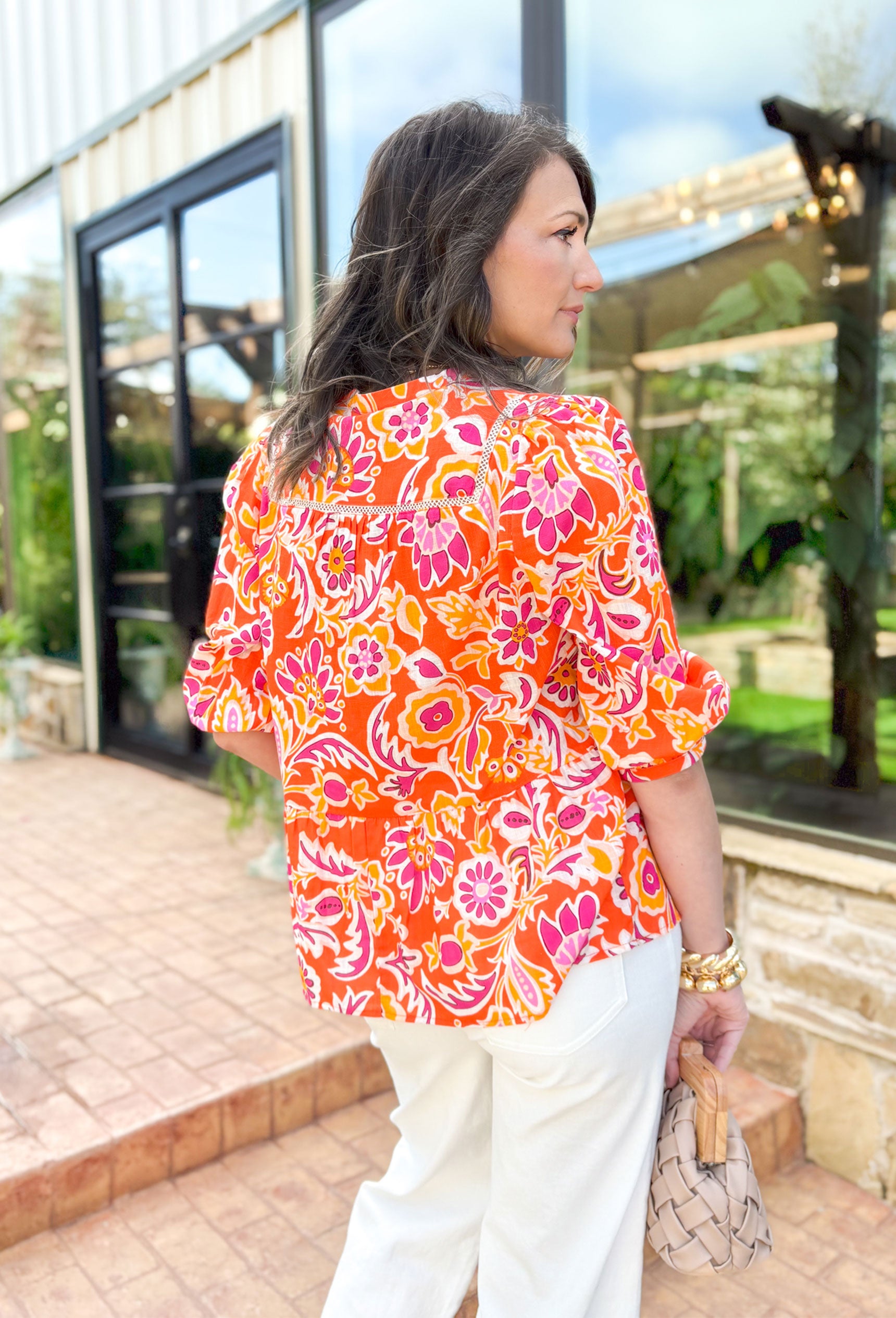 Let's Start Fresh Blouse, hot pink, orange, sunset yellow, and white floral printed quarter sleeve v-neck blouse with white lace detailing across the chest