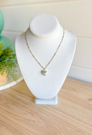 Linked In Love Necklace, gold chain necklace with pearl heart charm