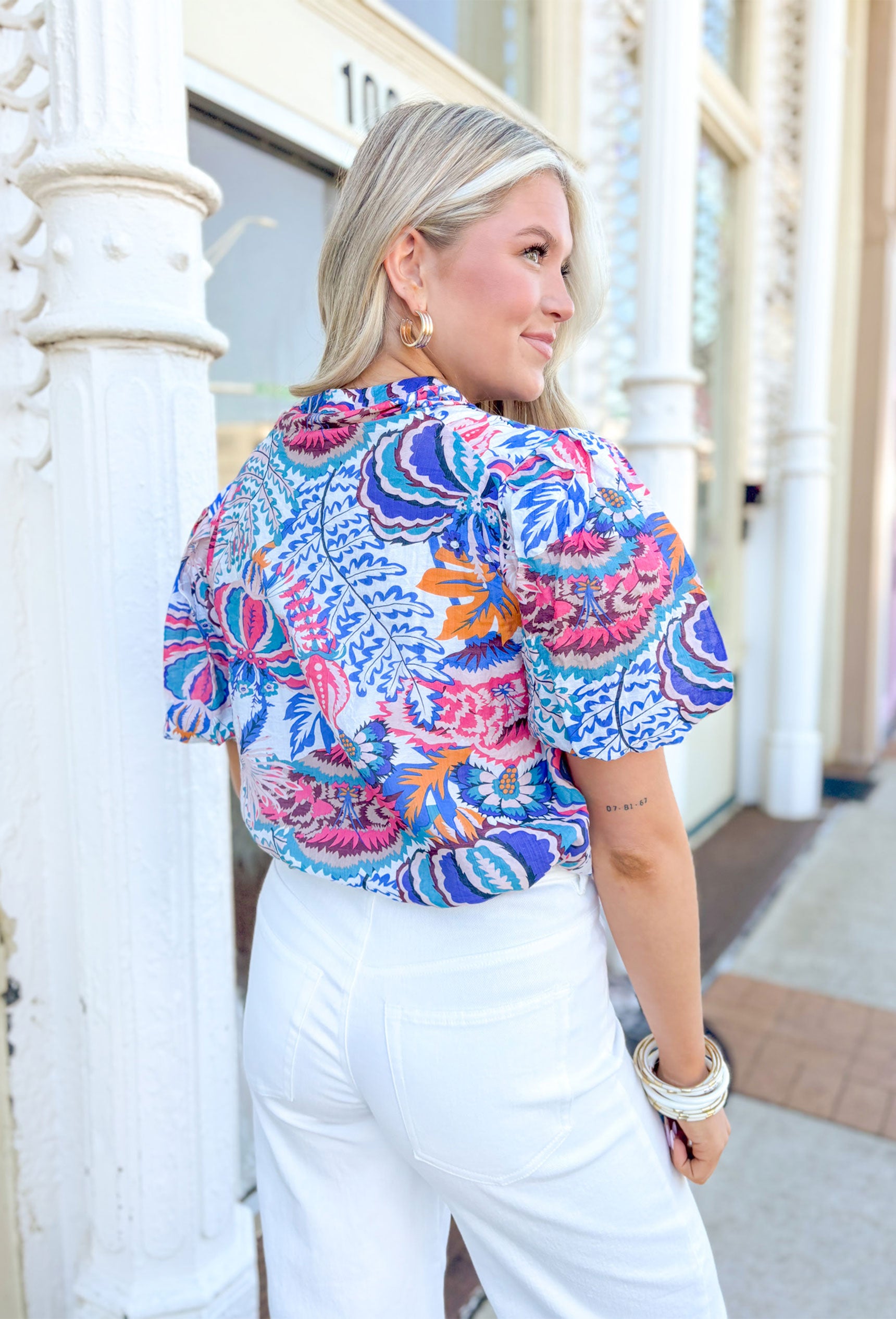 Make It Happen Blouse, puff sleeve floral blouse in the colors royal blue, fuchsia, sunset orange, white, light pink, turquoise, hot pink, and navy