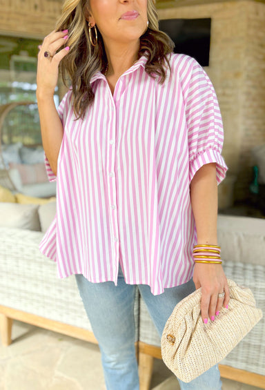 Never A Doubt Button Up Top, dulman sleeve pink and white striped button down top