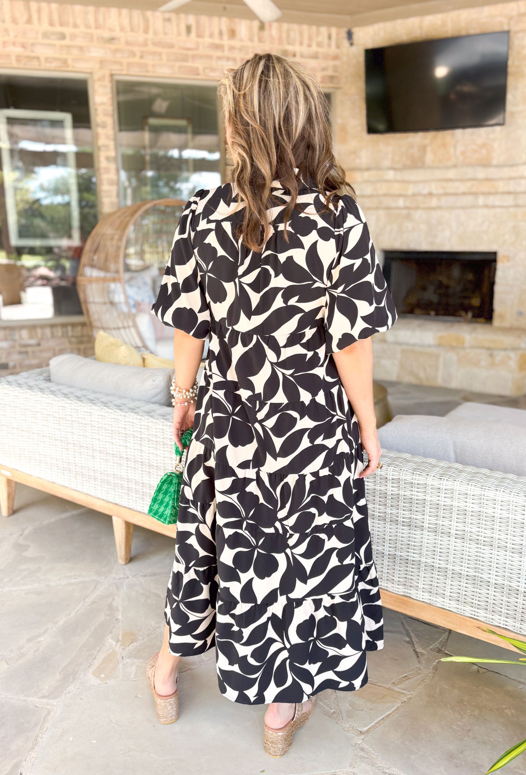 Oh So Wonderful Midi Dress, black and white floral puff sleeve v-neck midi dress with tiering