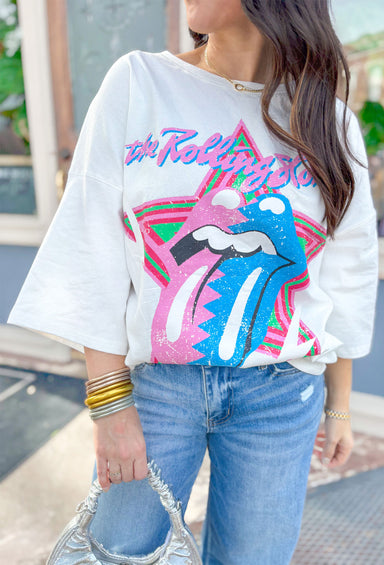 Oversized Rolling Stones Graphic Tee, white t-shirt with pink, blue, red, and green rolling stones graphic on the front 