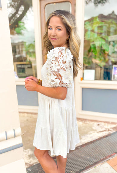 Thinking About You Dress in Oatmeal, tiered cream/oatmeal dress with v-neck and black lace floral puff sleeves