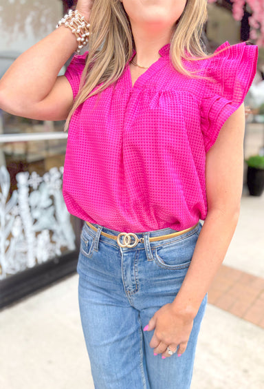 Time Of My Life Top, hot pink ruffle sleeve blouse with small v-neck and small monochrome gingham print