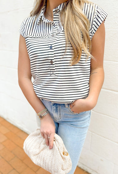 Two Sides Striped Top, cap sleeve black and white striped quarter button down top with collar 