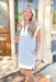 What Do You Mean Dress in Cream & Blue, quarter zip collared dress with white hemming on the sleeves, neck, and bottom of the dress. Blue and white horizontal stripes across the dress