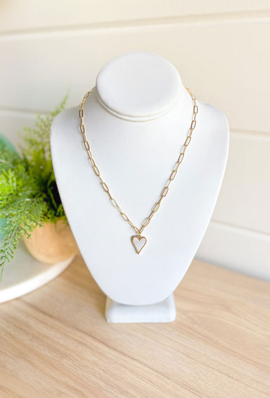 Win My Heart Necklace, gold paper clip chain necklace with gold and white heart charm in the center