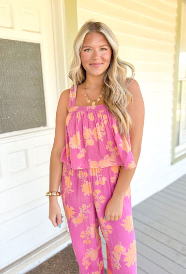 Z SUPPLY Dorean Sunshine Floral Top, babydoll tank top in pink with sherbet floral print