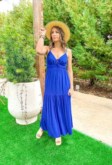 Z SUPPLY Lisbon Maxi Dress, royal blue maxi dress with spaghetti straps, tie detail on the chest, cinching below the chest, and tiering at the bottom of the dress