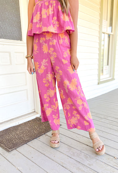 Z SUPPLY Monte Sunshine Floral Pant, wide leg pink pant with sherbet floral print, elastic waist band and pockets 