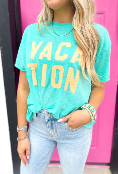 Z SUPPLY Oversized Vacation Tee, teal light weight t-shirt with creamy orange text "vacation" on the front