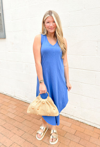 Z SUPPLY Reverie Slub Dress in Blue Wave, v-neck sleeveless midi dress in a washed royal/cobalt blue