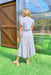 Patient And Kind Midi Dress, ruffle sleeve blue and white striped midi dress with tiering, v-neck, and a slit in the back 