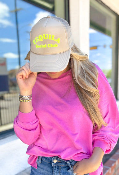 Tequila Social Club Trucker Hat, tan trucker hat with neon yellow "tequila social club" on the front