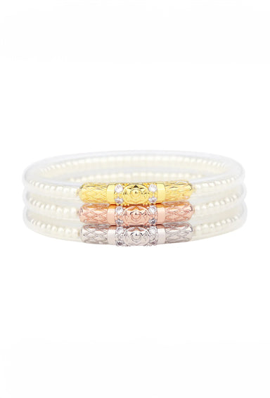 BUDHAGIRL Three Queens Bangles in Pearl, set of three pearl bracelets with gold, rose gold, and silver caps