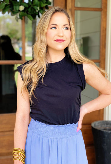 Z SUPPLY Lorelei Shirred Top in Black, muscle tank with shirred sides