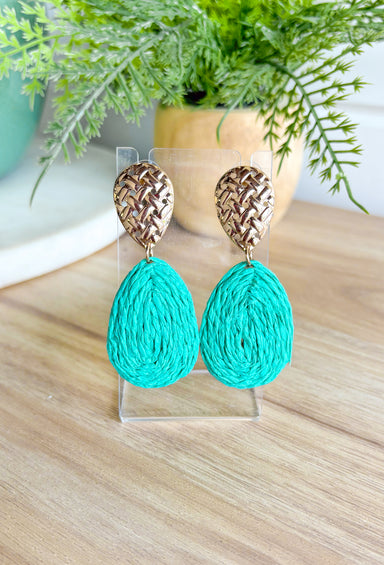 Endless Love Earrings in Green, gold woven tear drop shaped post earring with raffia woven tear drop attached to the bottom in seafoam