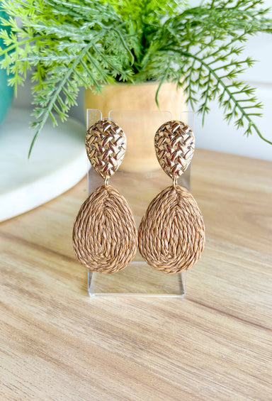 Endless Love Earrings in Tan, gold woven tear drop shaped post earring with raffia woven tear drop attached to the bottom in tan
