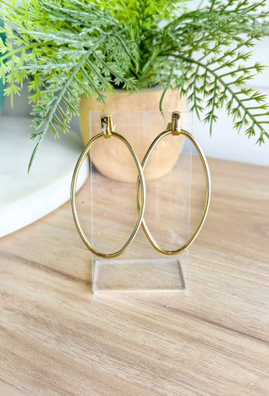 Late Night Out Earrings, elongated thin oval gold post back earrings 